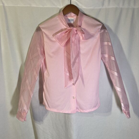 Rhapsody Tops - Vintage RHAPSODY pink sheer sleeves bow tie button up top S 36" bust
